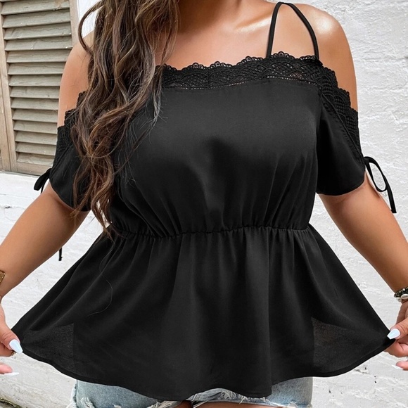 Plus Cold Shoulder Lace Blouse Navy Blue - Picture 4 of 14